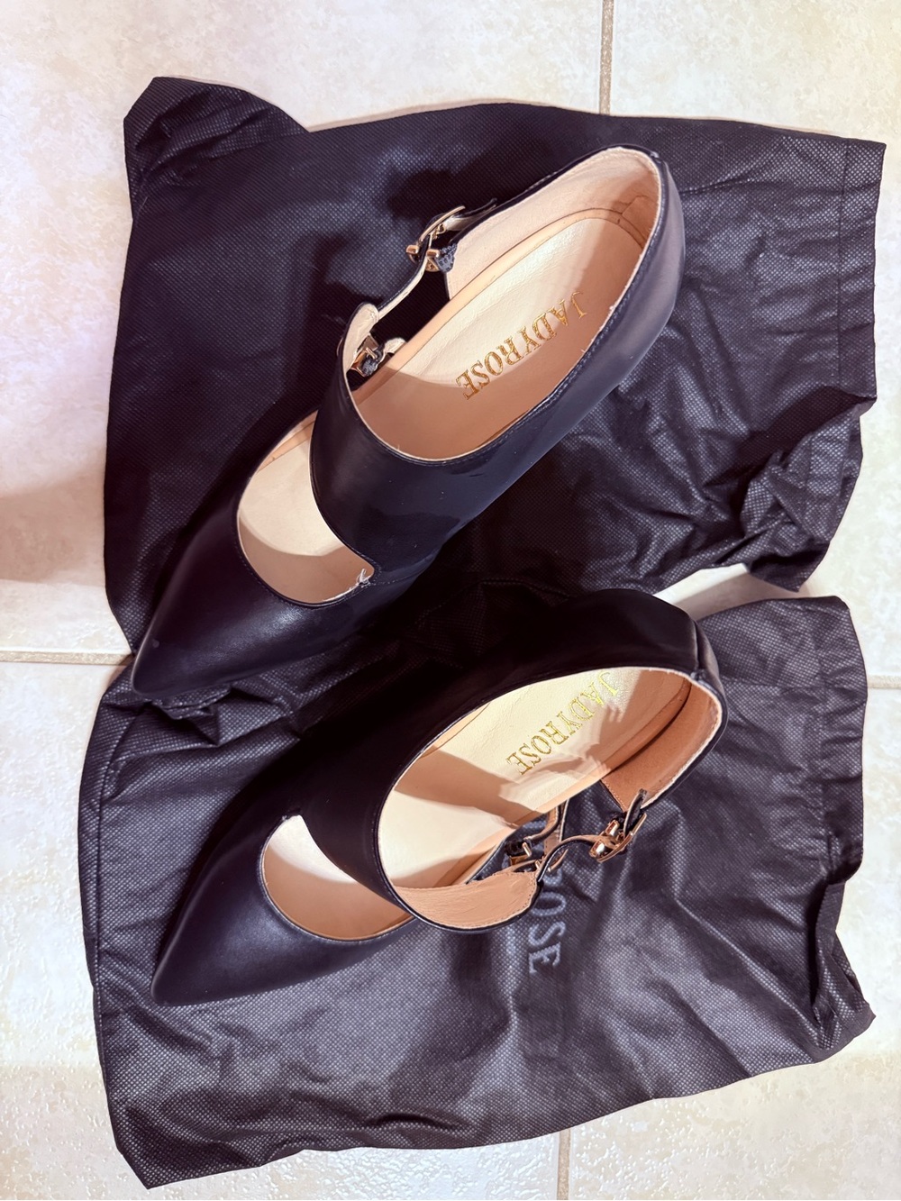 LADYROSE MILAN Pointed Mary Jane Heels in Black with Gold Buckle